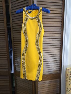 bebe Yellow Embellished Bodycon Mini Dress